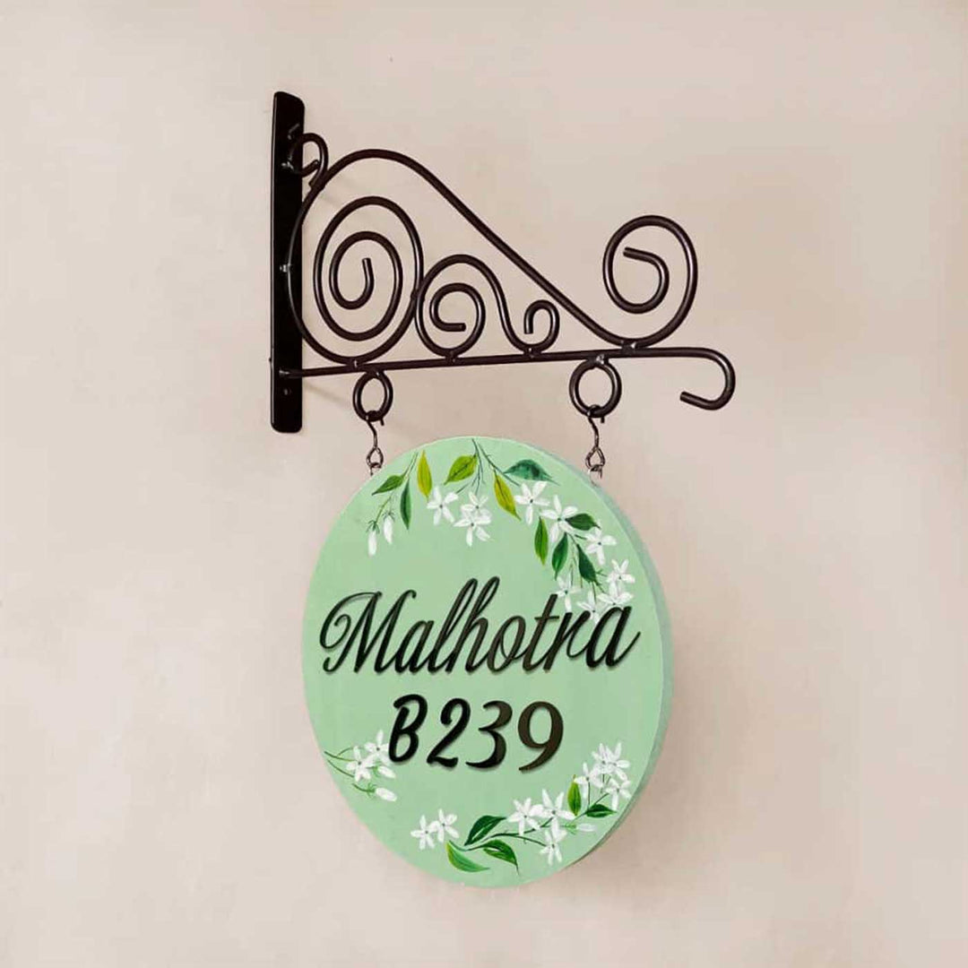 Personalized Hand Painted Green White Flower Wood And Metal Name Plate - Hanging on Ornate Wall Bracket