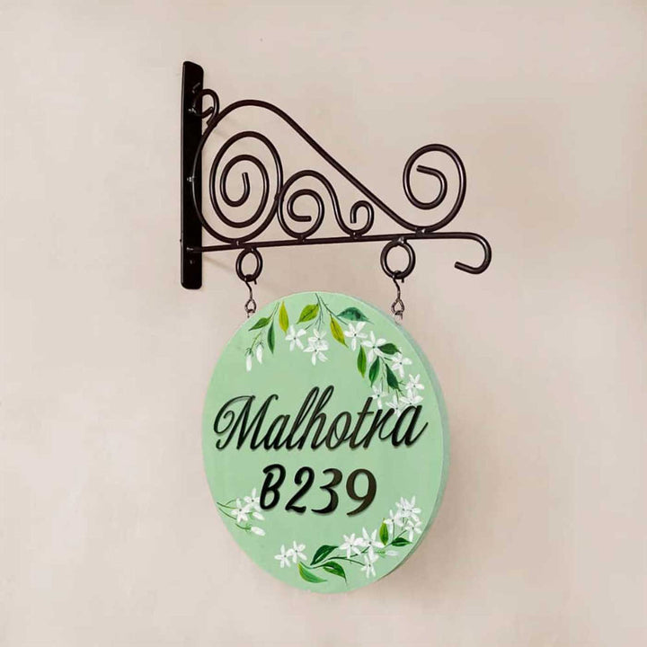 Personalized Hand Painted Green White Flower Wood And Metal Name Plate - Hanging on Ornate Wall Bracket