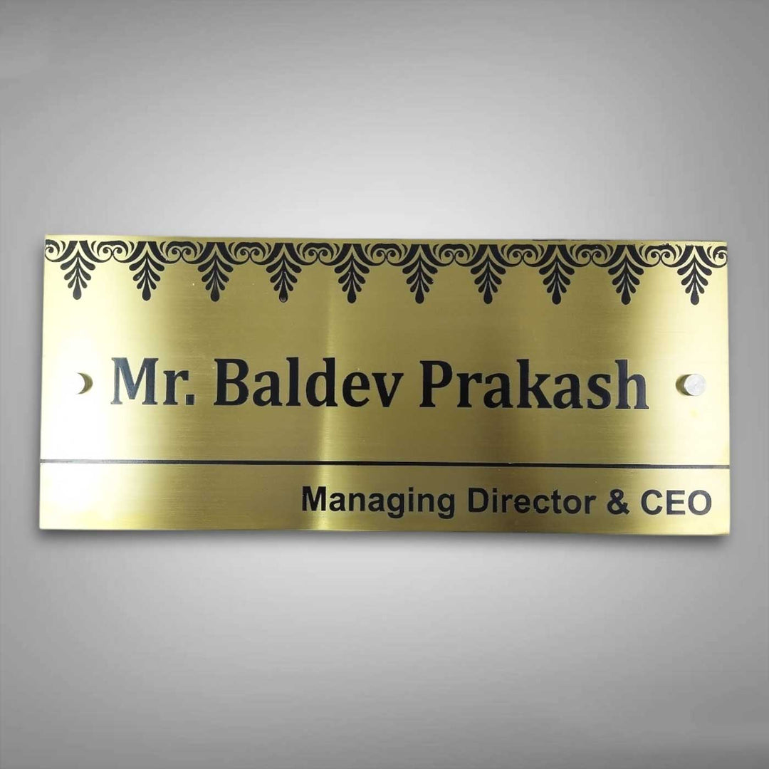 Personalized Weatherproof Luxurious Gold Stainless Steel Name Plate - Front View with Screw Holes