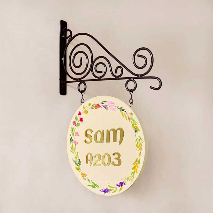 Personalized Hand Painted Floral Wood And Metal Name Plate - Hanging on Decorative Wall Bracket