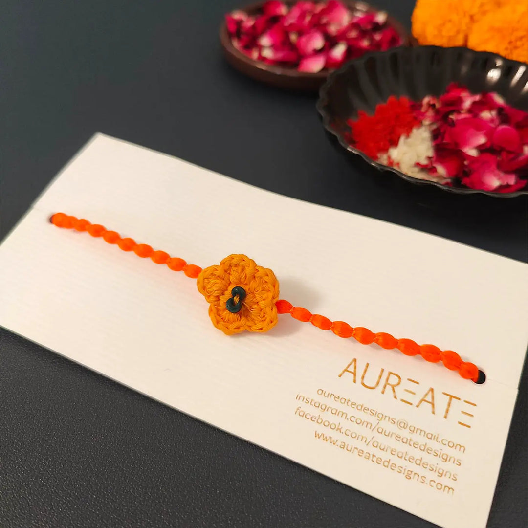 Handmade Crochet Flower Rakhi With Roli Chawal
