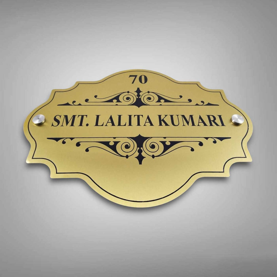 Personalized Weatherproof Elegant Gold Stainless Steel Name Plate 2 - Front View with Wall Screws