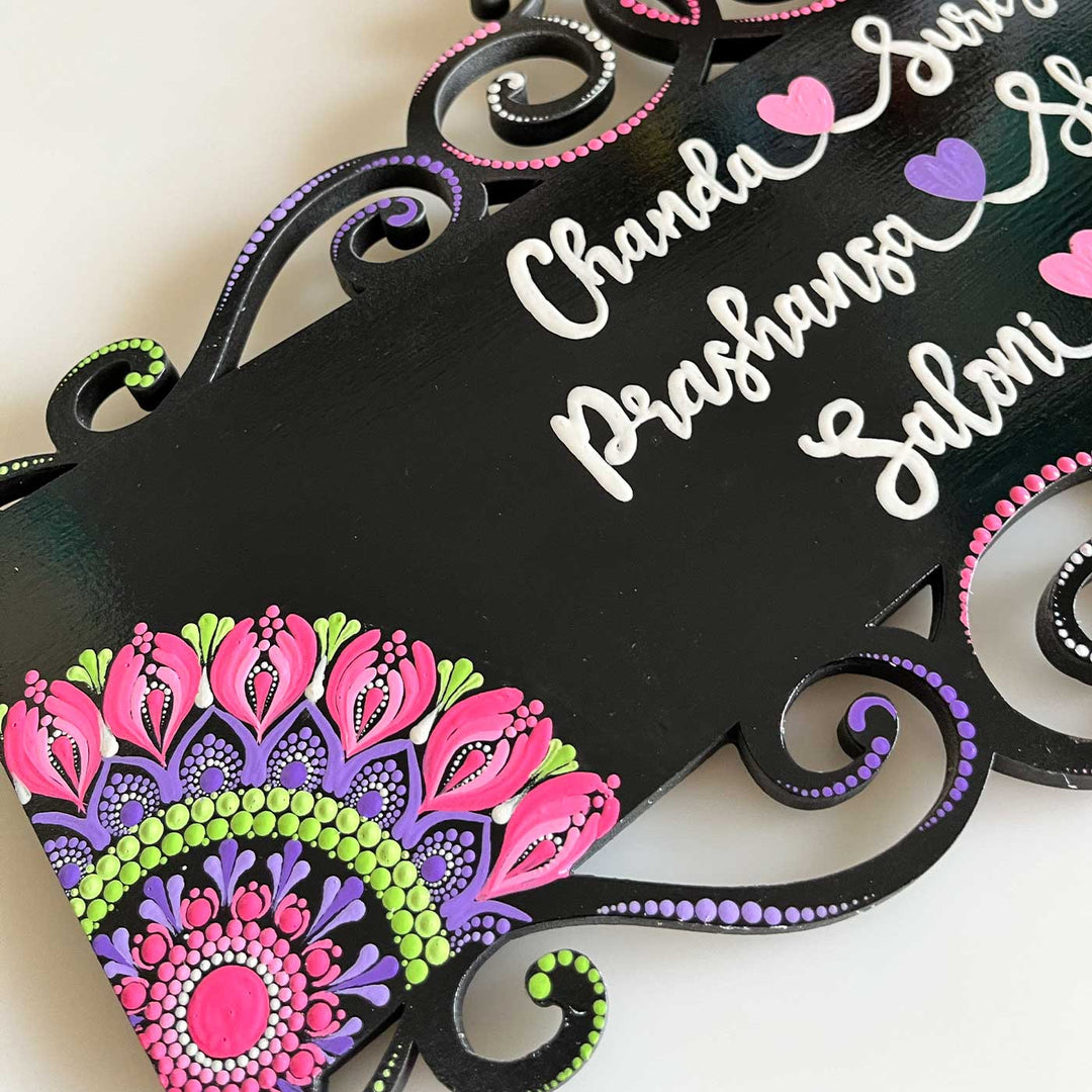 Personalized Handmade Rectangular Cutwork With Dot Art Mdf Wood Name Plate - Close-up of Painted Detail and Text