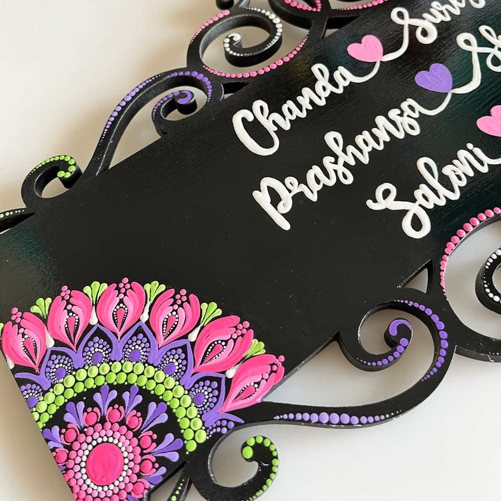 Personalized Handmade Rectangular Cutwork With Dot Art Mdf Wood Name Plate - Close-up of Painted Detail and Text