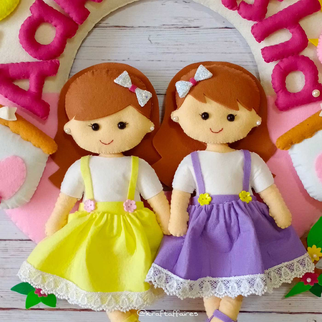 Personalized Sisters On Swing Theme Felt Kids Name Plate For Siblings - Front View of Dolls with Outfits