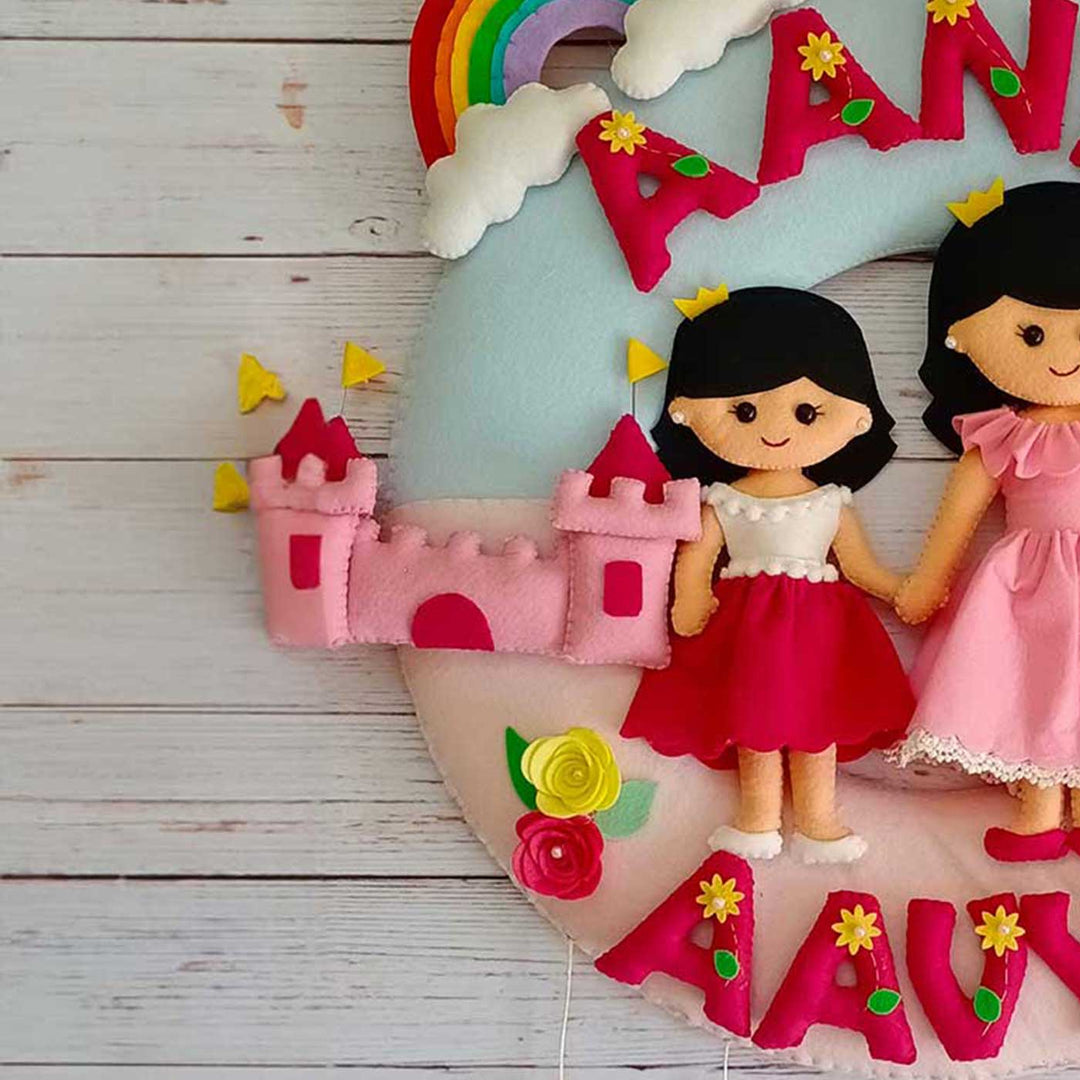 Personalized Princess Theme Felt Kids Name Plate For Siblings - Close-up of Fabric Figures Detail