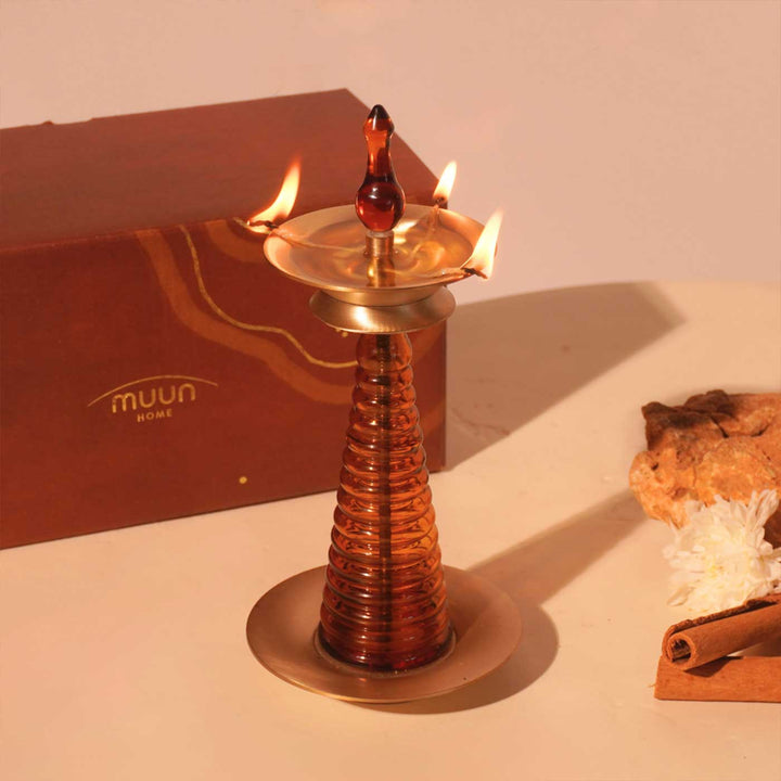Handmade Borosilicate Nilavilakku Glass And Brass 5-Wick Oil Lamp For Pooja Decor | Tall