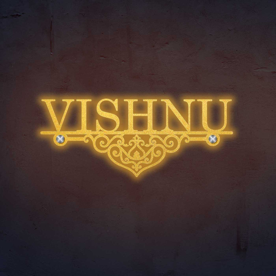 Personalized Laser Cut Elegant Design Steel Name Plate - Mounted on Wall Close-up View