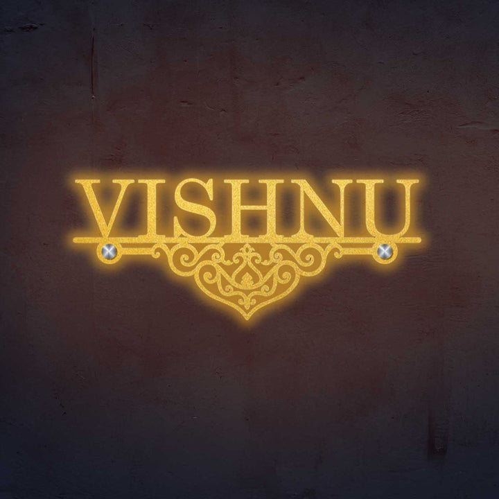 Personalized Laser Cut Elegant Design Steel Name Plate - Mounted on Wall Close-up View