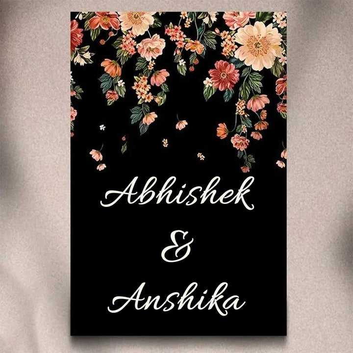 Printed Dark Blue Spring Floral Wooden Vertical Nameplate - Name Personalization Example