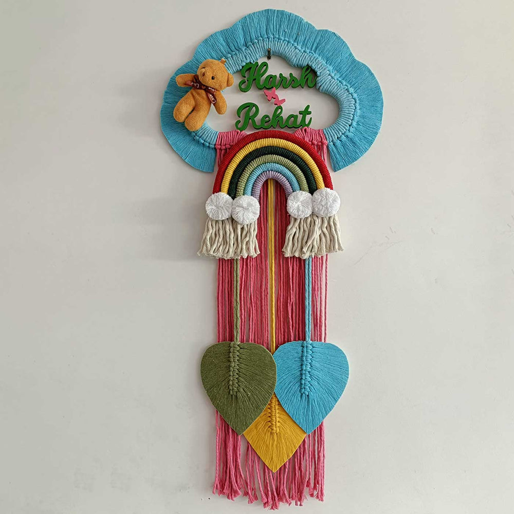 Personalized Macrame Kids Teddy Name Plate - Hanging on Wall Display