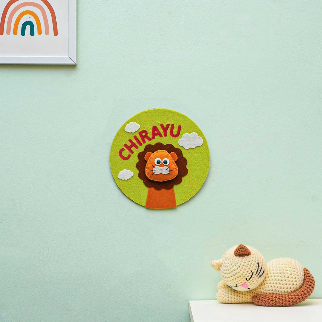 Personalized Handmade Lion Theme Felt Hoop Name Plate - Wall Mounted Name Personalization Example