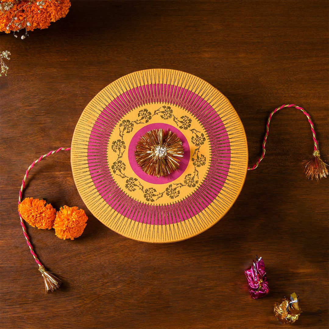 Handmade Pink And Yellow Rakhi Design Paper Gift Box