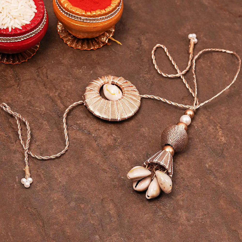 Handmade Gota Patti And Shells Bhaiya Bhabhi Rakhi With Roli Chawal Set Of 2 - Styled with Ritual Containers