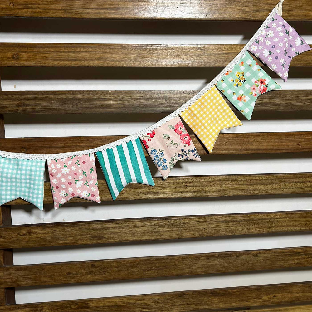 Handmade Multicolour Cotton Bunting - Hanging Display on Wooden Slats