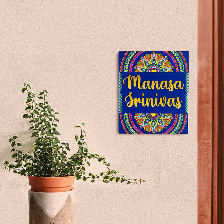 Personalized Hand-Painted Dot Mandala Blue Mdf Wood Name Plate