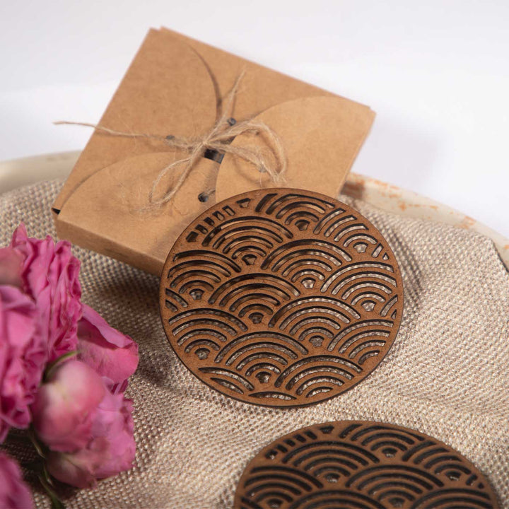 Japanese Wave Zen-Inspired Laser Art MDF Coaster Set  | Set of 6