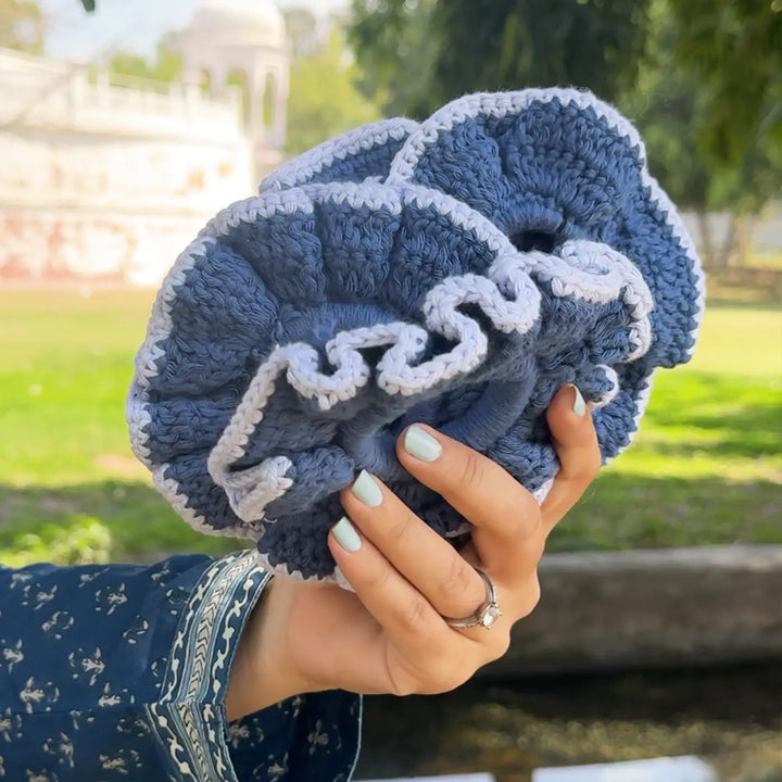 Handmade Crochet Blue Rushed Cotton Scrunchie