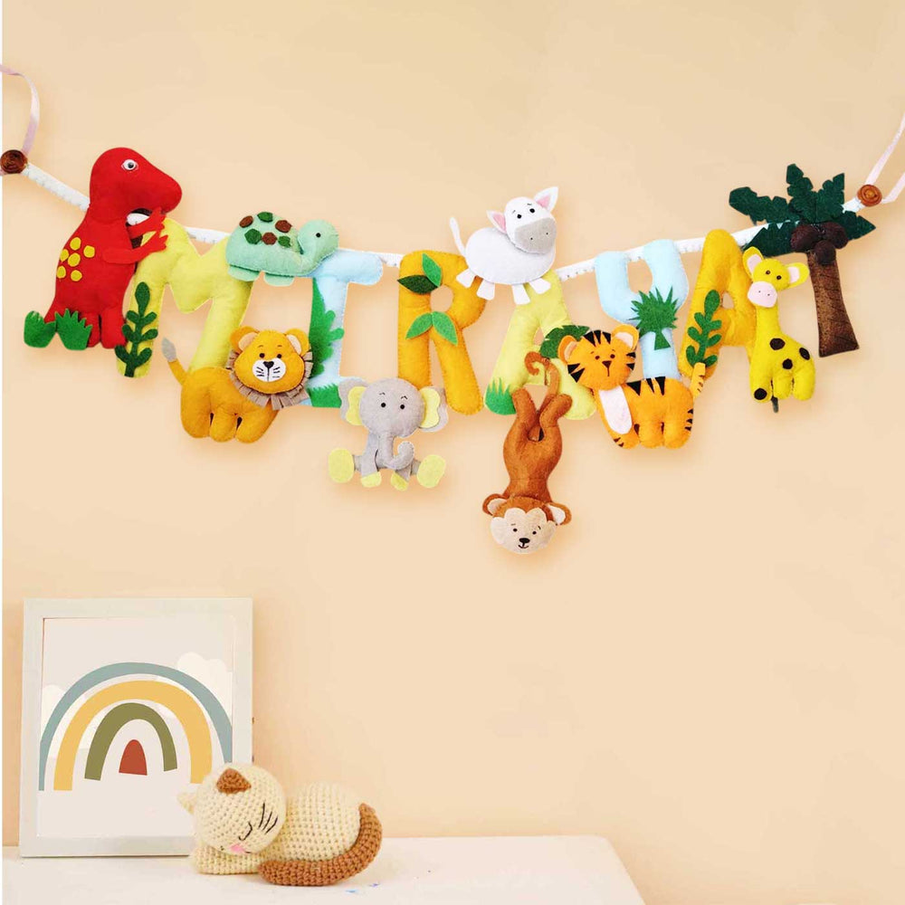 Personalized Jungle Theme Felt Bunting - Hanging Nursery Wall Decoration Display