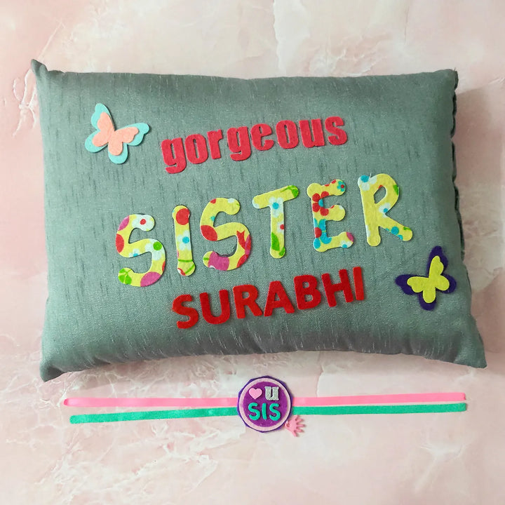 Personalized Gorgeous Sister Felt Rakhi Hamper With Roli Chawal Includes 1 Pillow 1 Rakhi - Front View with Rakhi