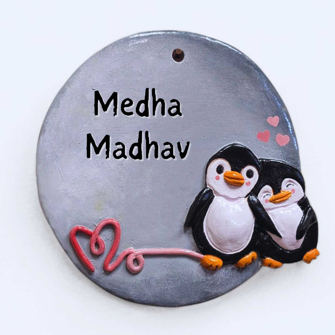 Personalized Hand-Painted Penguin Terracotta Name Plate For Couples