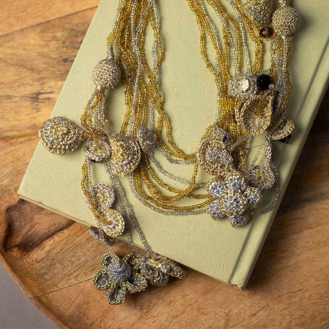 Handmade Crochet Shimmer Ornate Tassels Wrap Around Necklace