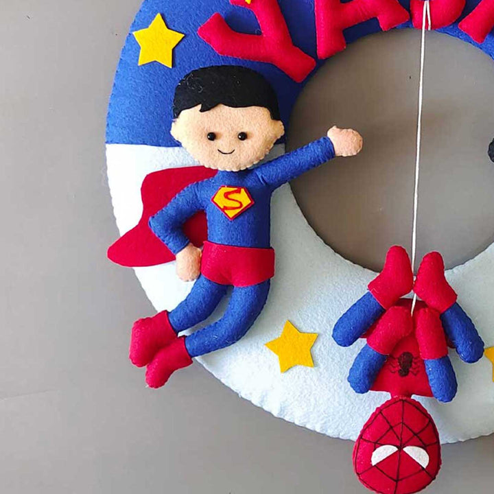 Personalized Superhero Theme Felt Kids Name Plate For Siblings - Close-up of character detail