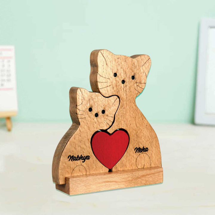 Personalized Cat Family Of 2 Wooden Figurine