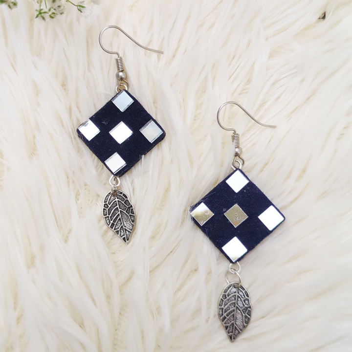 Handmade Mirror Work Leaf Motif Drop Earrings