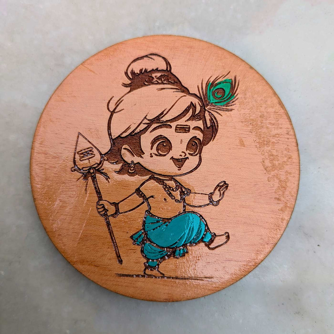 Engraved & Hand-Painted Bal Krishna Mahogany Wood Fridge Magnet