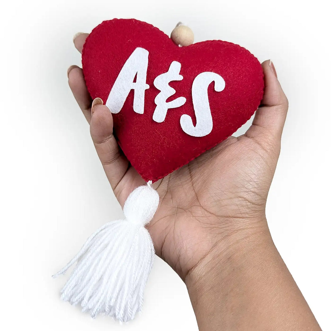 Personalized Heart Shaped Felt Hanging With Tassel For Couples