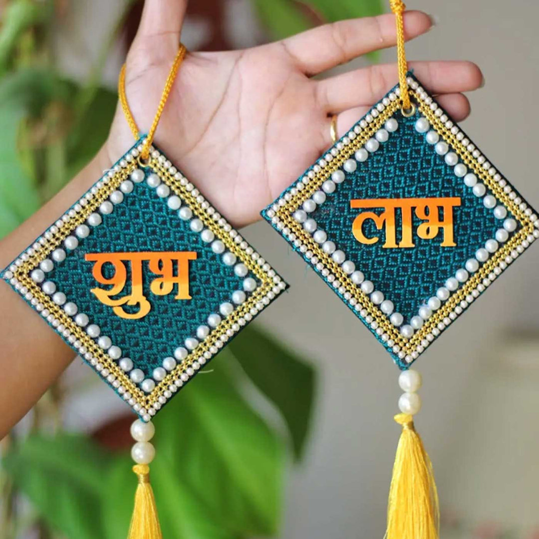 2 Pc |  Handcrafted Traditional Khun Fabric Shubh Labh Wall Hanging For Festive Decor