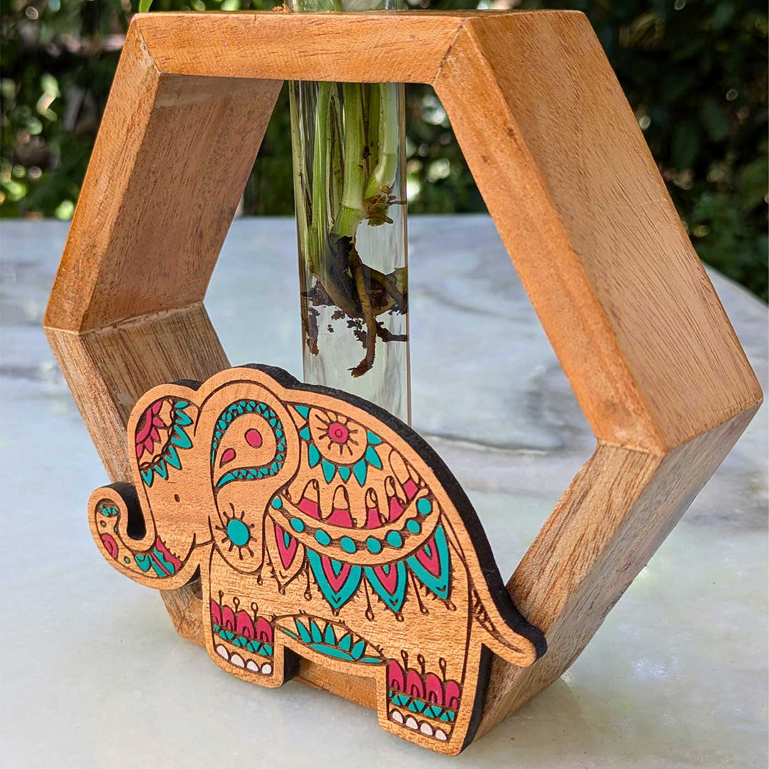 Hand-Painted Elephant Wooden Hexagon Test Tube Planter For Home Decor