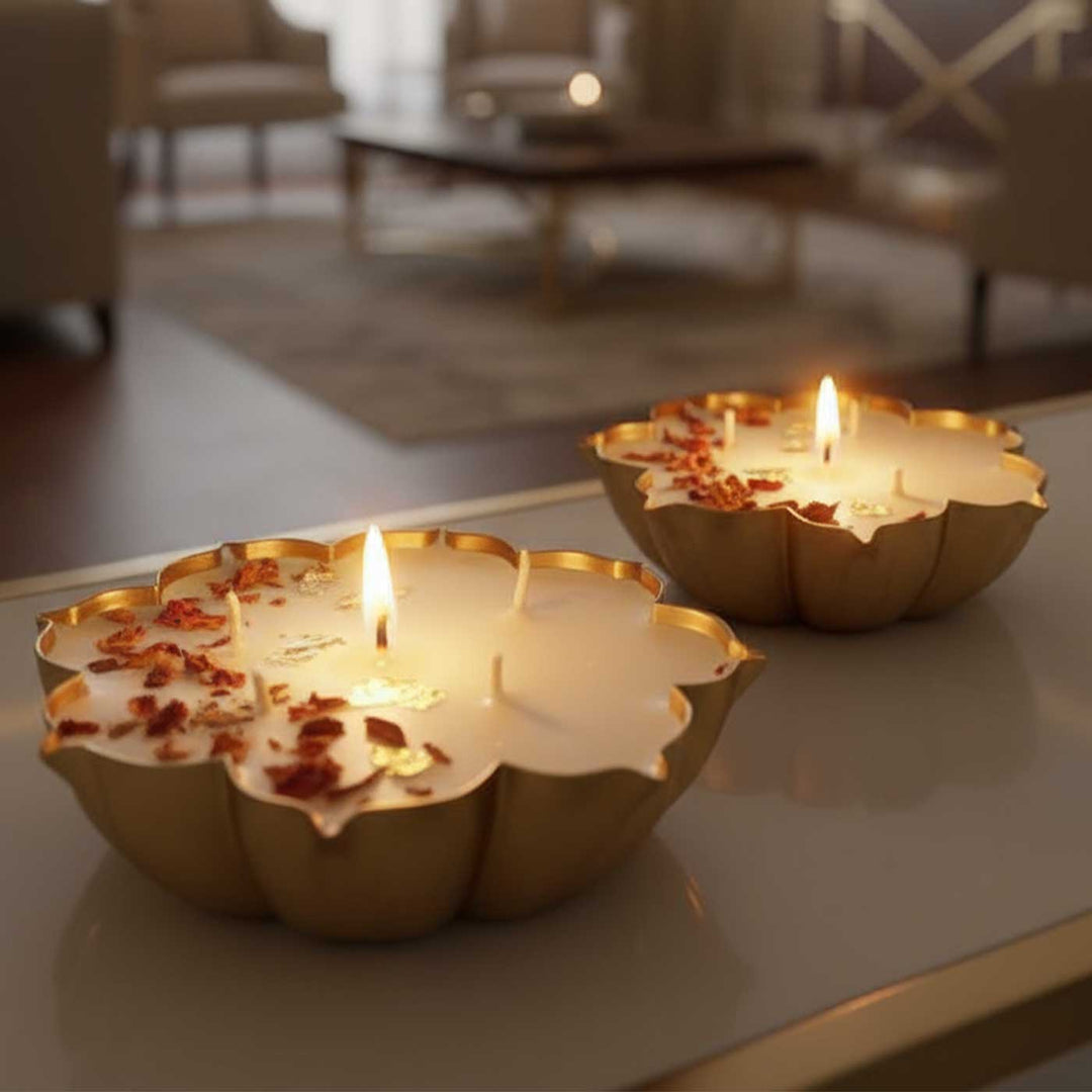 2 Pc | Handmade Flower Shape Nahchampa Urli Candle