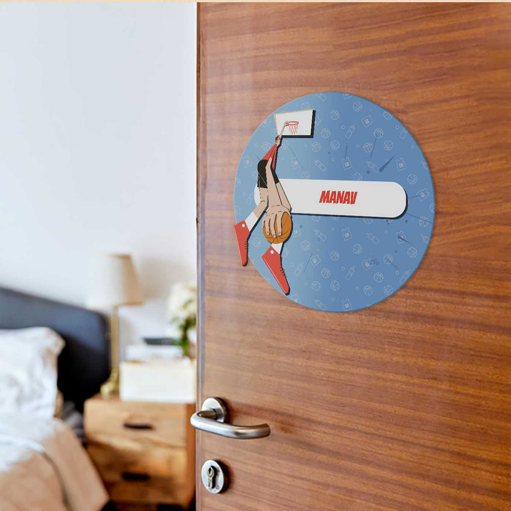 Personalized Basketball Fever Boy Theme Acrylic Kids Name Plate - Mounted on Door at Eye Level