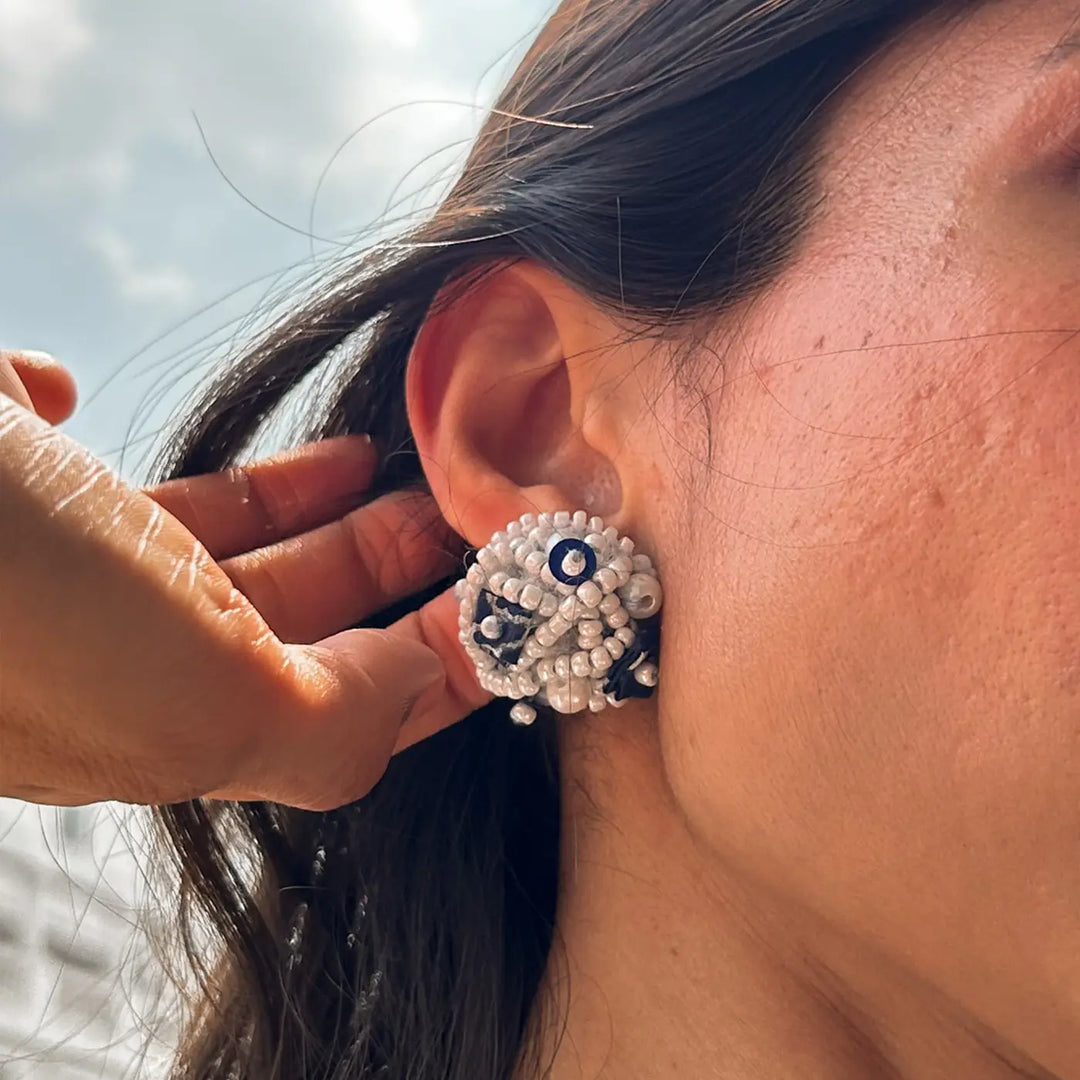 Hand Embroidered Beaded Blue & White Round Chinoiserie Ceramic Pearls Cotton Earrings