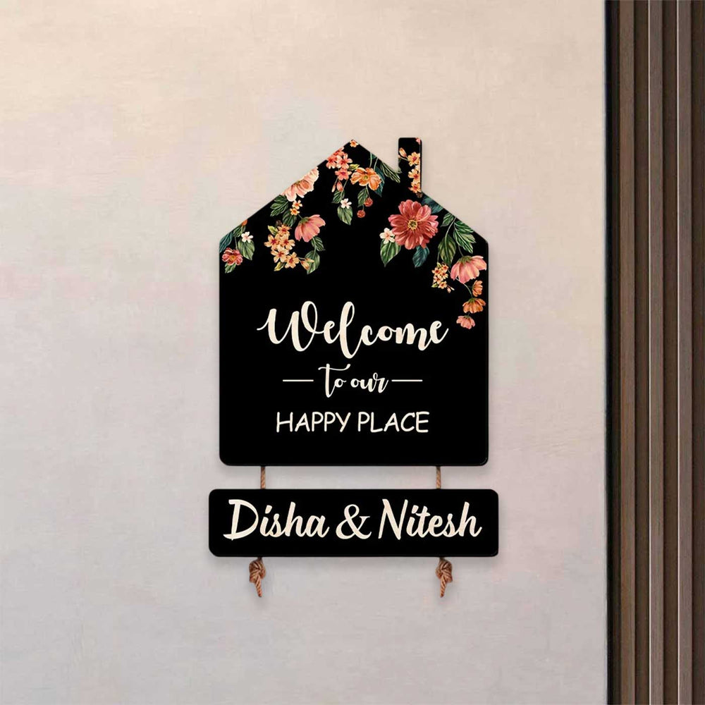 Personalized Black Floral Theme Mdf Wood Name Plate - Mounted on Wall with Personalization