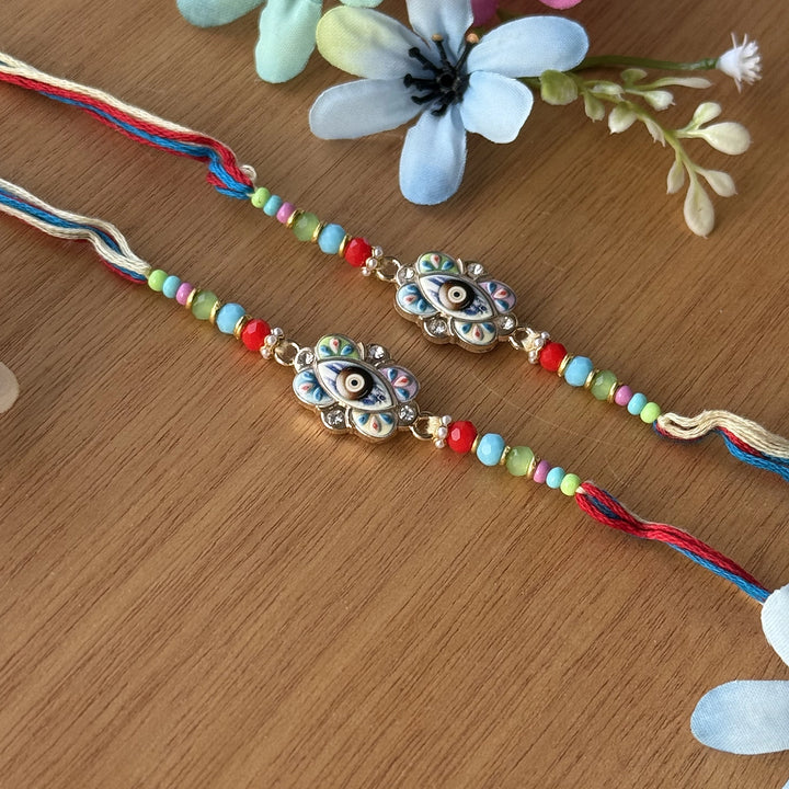 Handmade Multicolor Beaded Evil Eye Rakhi With Roli Chawal - Full length view of bracelets
