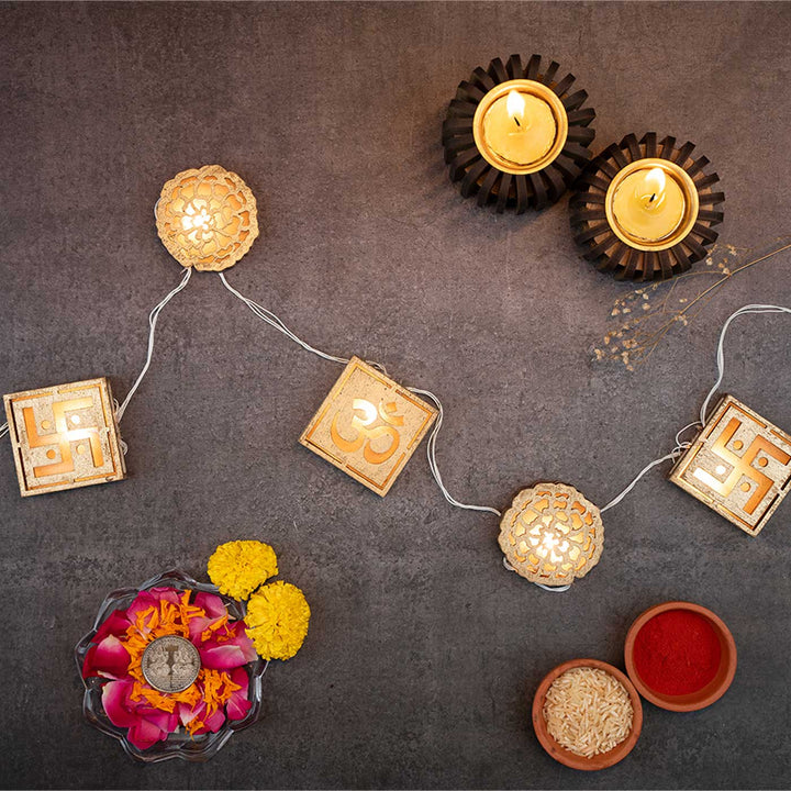 3 m, 11 Bulbs | Handmade Decorative Om & Swastik Shape 3D Wooden LED Fairy Light