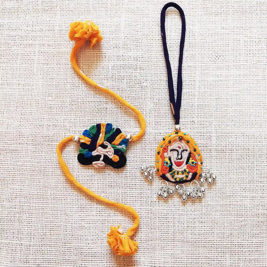 Handmade Dori Work And Ghungroo Raja Rani Bhaiya Bhabhi Rakhi With Roli Chawal Set Of 2 - Front View of Both Pieces
