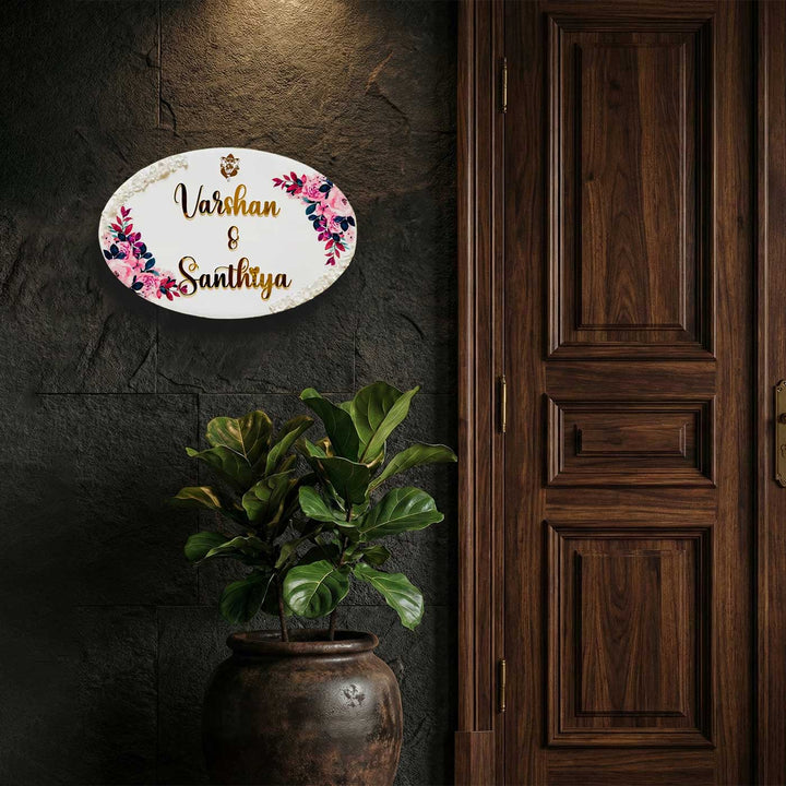 White & Pink Personalized Oval Resin Name Plate | With 3D Acrylic Letters & Gold Stone Embellishment