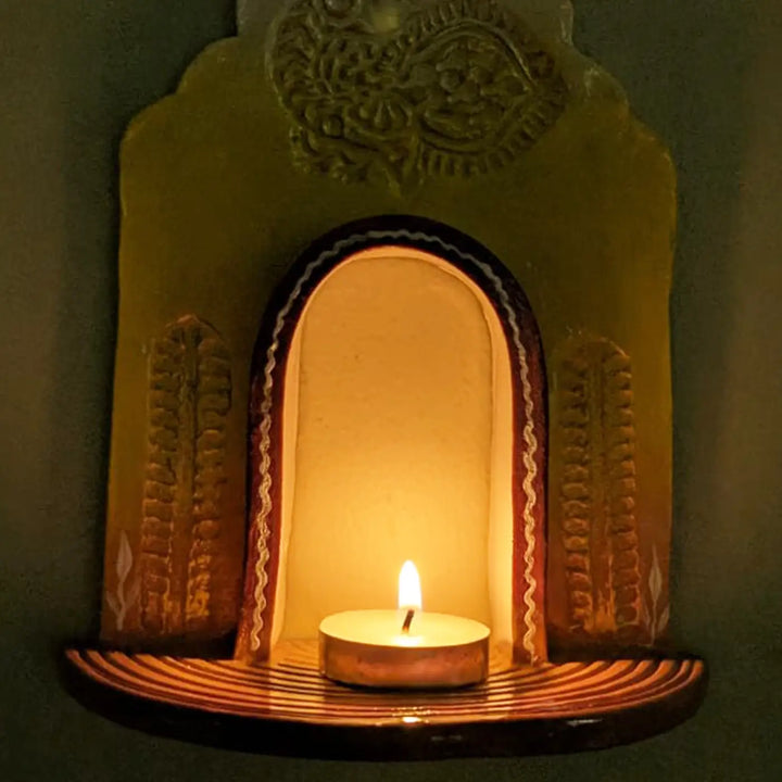 Hand-Painted Yellow & White Peacock Motif Terracotta Tealight Holder