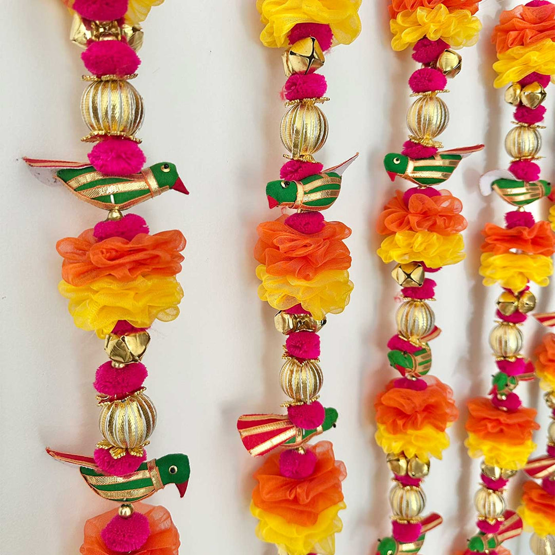5 Pc | Handmade Decorative Yellow & Orange Parrot Hangings With Tissue Fabric Flowers