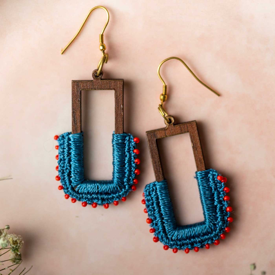 Handmade Crochet Indigo Rectangle Loop Earrings