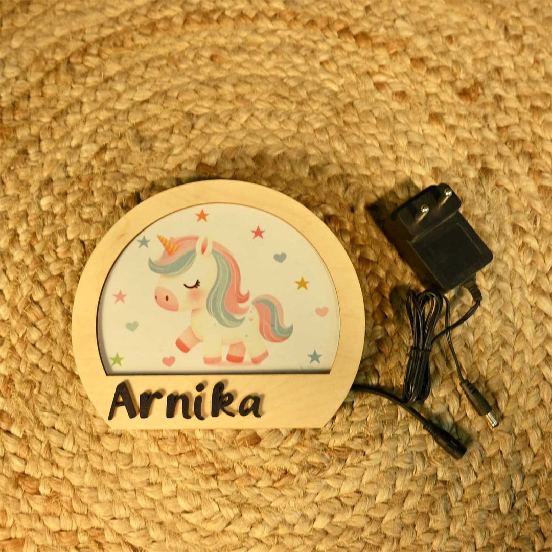 Personalized Unicorn Theme Wooden Table Lamp For Kids With 3D Letters