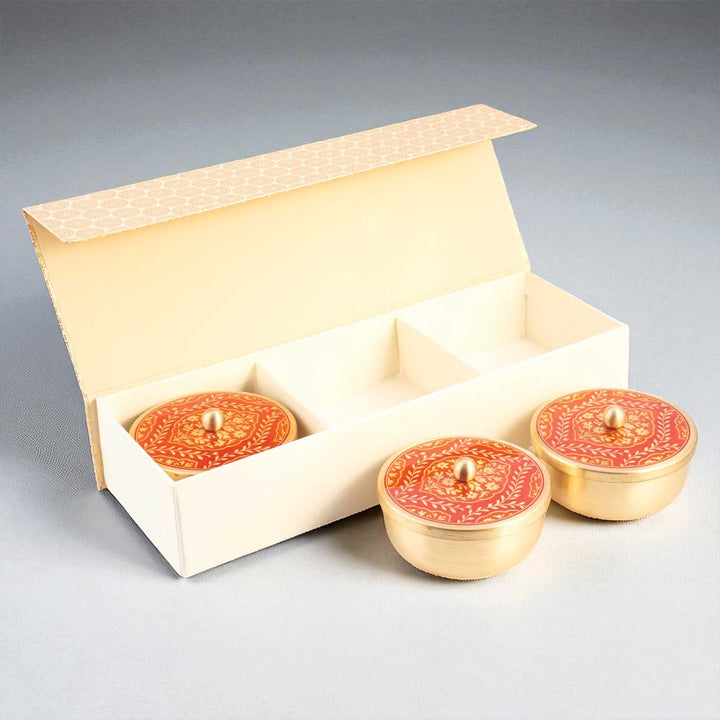 Hand-Painted Sanskaar Brass Gift Hamper | Includes 3 Containers And 1 Gift Box