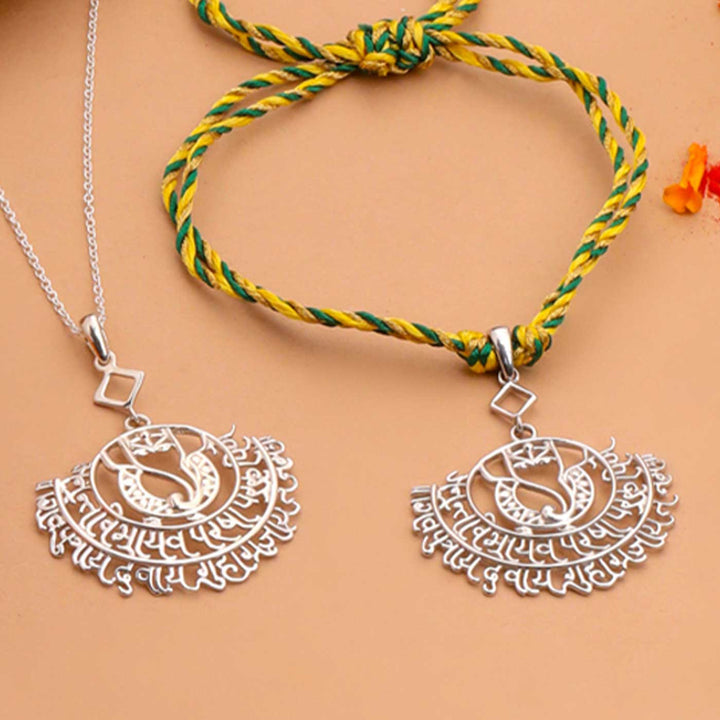 Handmade Ganesha Theme Religious Silver Lumba Rakhi For Bhabhi - Front View of Pendant and Rakhi