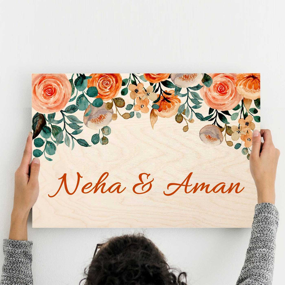 Printed Orange Floral Wooden Rectangle Nameplate - Held at Wall Placement Demonstration