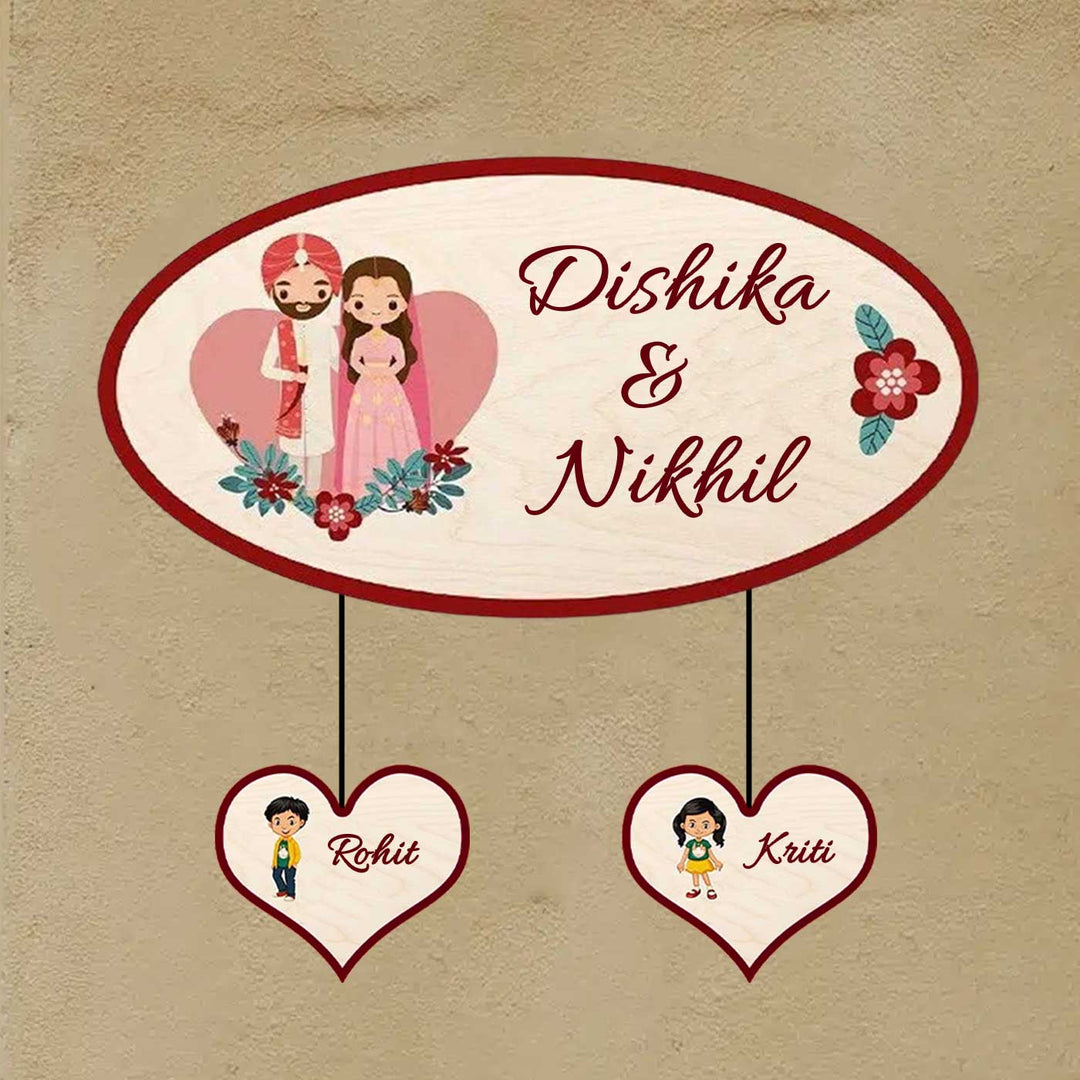 Printed Wooden Oval Sikh Couple Nameplate For Couples - Front View with Hanging Hearts Personalized