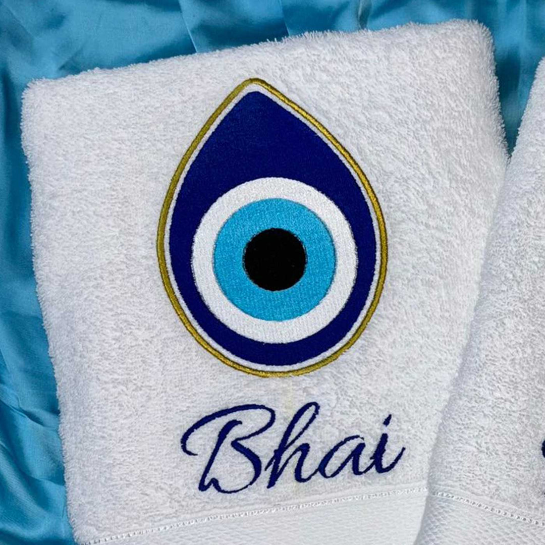 Personalized Embroidered Evil Eye Theme Cotton Bath Towel For Bhaiya And Bhabhi | Set Of 2